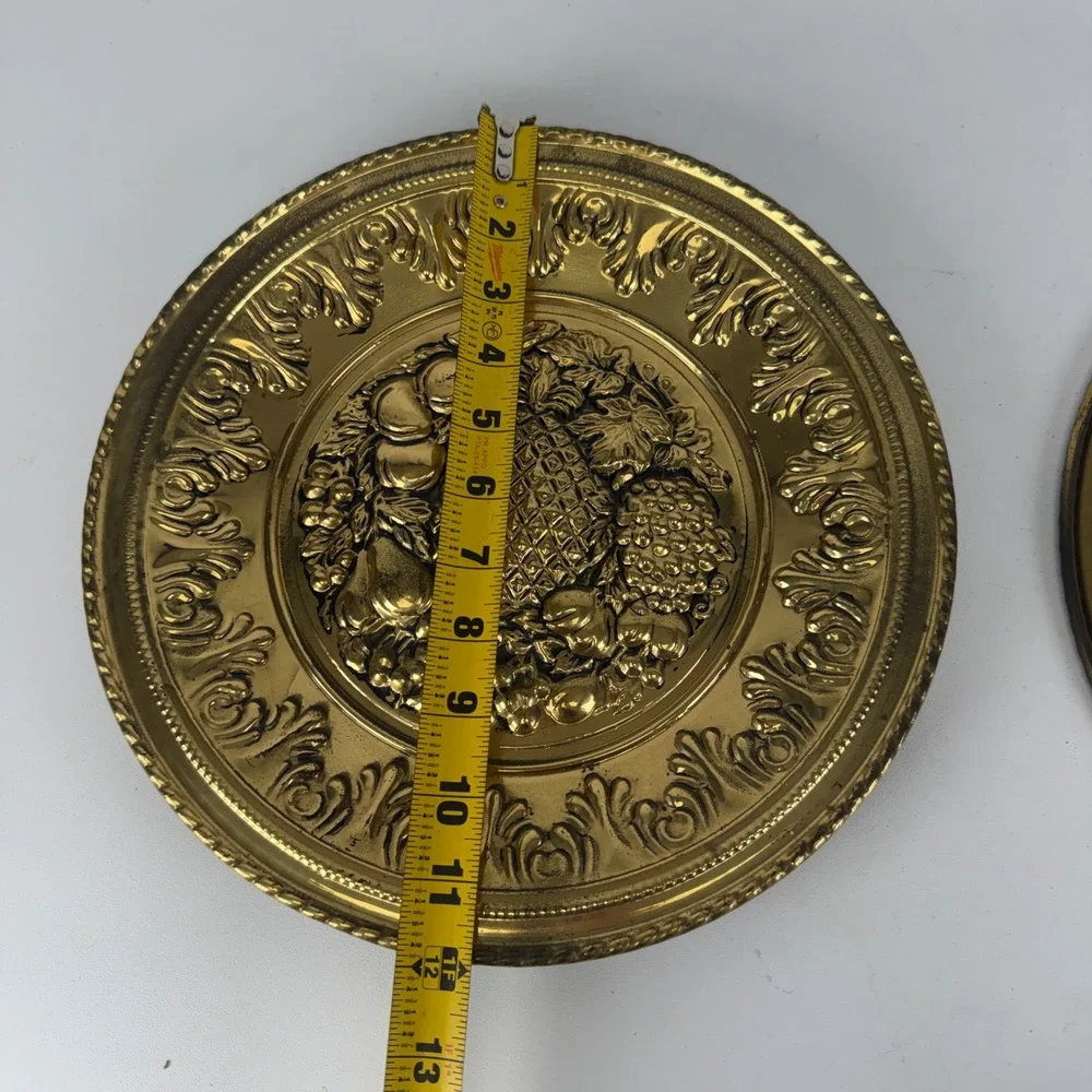 Vintage Brass Fruit Wall Hanging Plates Set of 2 Pineapple Grapes Pears 12 Inch